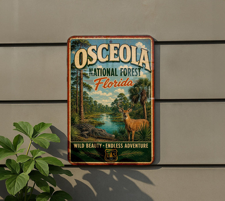A vintage-style metal sign for the Osceola National Forest in Florida, featuring a scenic illustration of a deer, all set against a backdrop of lush greenery and a body of water.