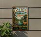 A vintage-style metal sign for the Osceola National Forest in Florida, featuring a scenic illustration of a deer, all set against a backdrop of lush greenery and a body of water.