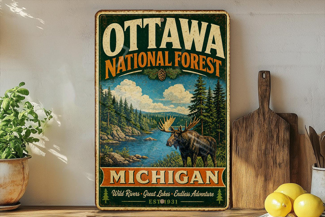 A vintage-style metal sign for the Ottawa National Forest in Michigan, featuring a moose and a scenic landscape.