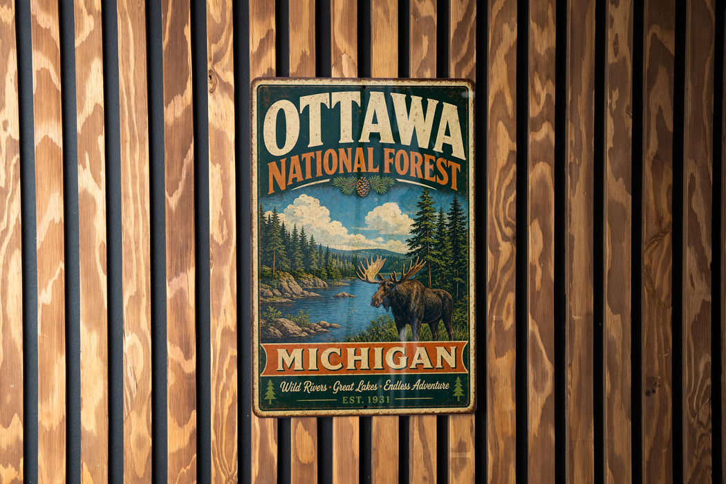 A vintage metal sign for the Ottawa National Forest in Michigan, featuring a moose and a forest landscape.