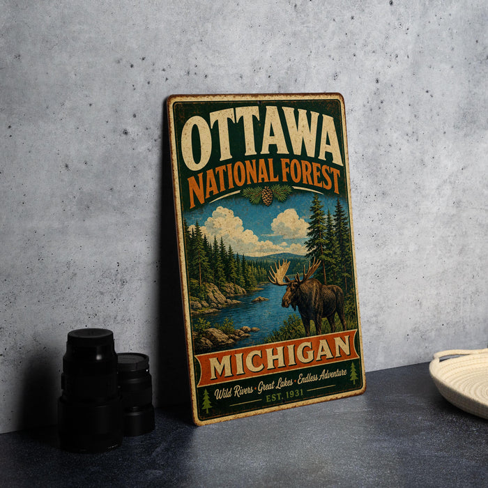 A vintage metal sign for the Ottawa National Forest in Michigan, featuring a moose and a forest landscape.