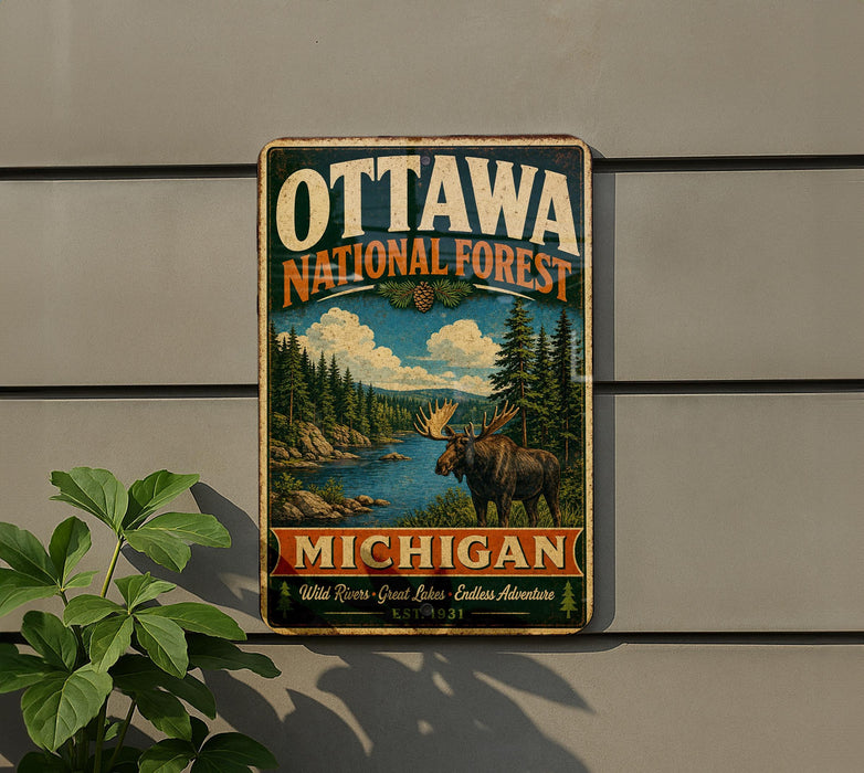 A vintage metal sign for the Ottawa National Forest in Michigan, featuring a moose and a scenic landscape.