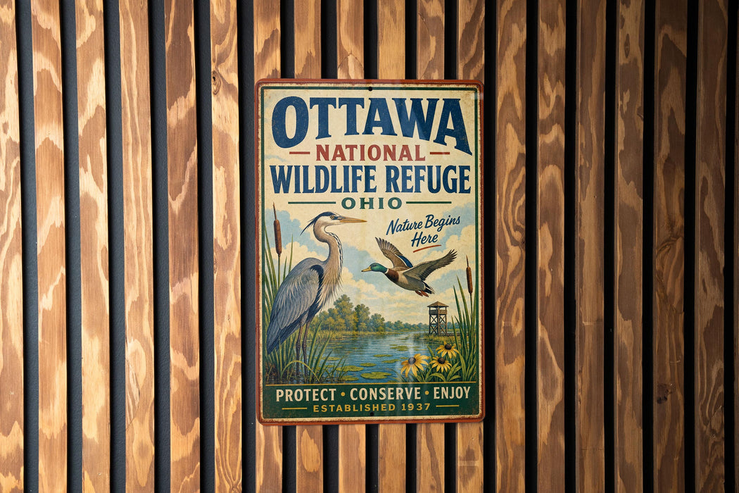 A vintage metal sign for the Ottawa National Wildlife Refuge in Ohio, featuring illustrations of birds and a river.