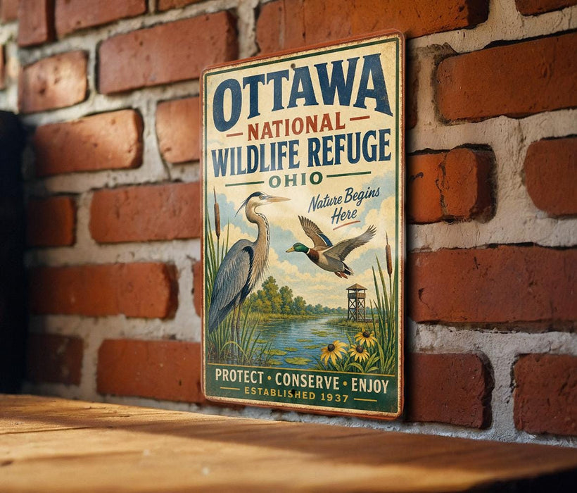 A vintage metal sign for the Ottawa National Wildlife Refuge in Ohio, featuring illustrations of birds and a serene landscape.
