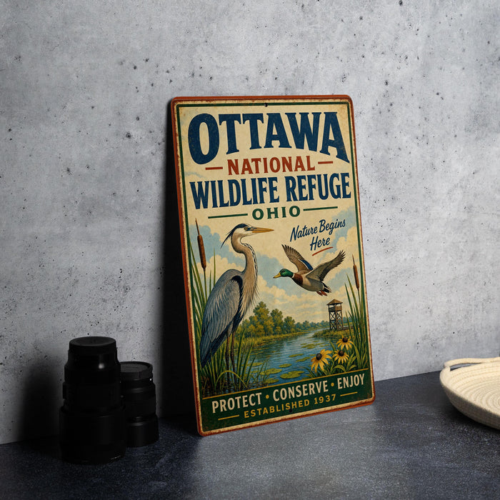 A vintage-style metal sign for the Ottawa National Wildlife Refuge in Ohio, featuring illustrations of birds and a river.