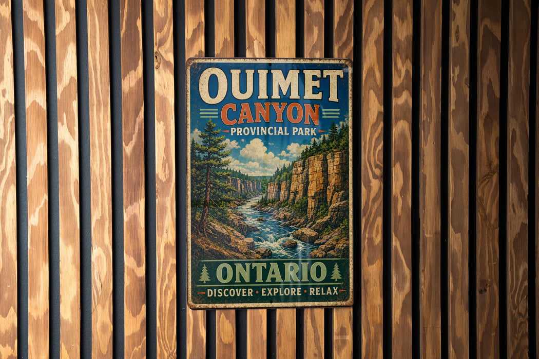 A vintage metal sign for Ontario, Canada, displaying the name "Oumet Canyon" and the words "Discover, Explore, Relax" in a scenic illustration of the canyon.