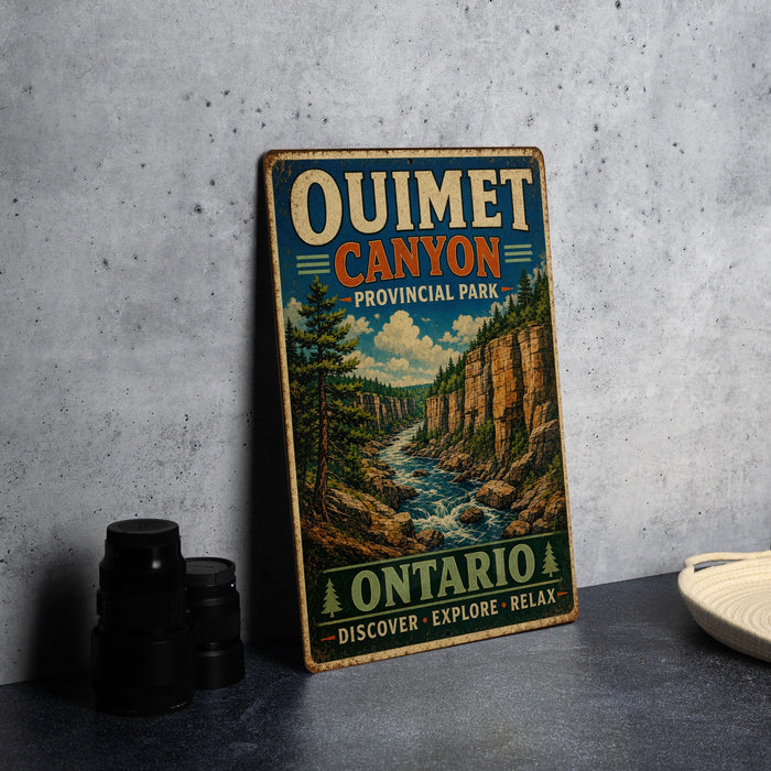 A vintage-style sign for Ontario, Canada, advertising the Ouimet Canyon, a picturesque natural landscape.