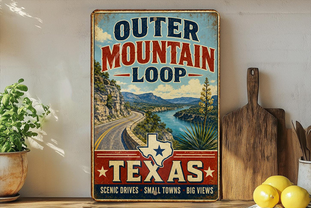 A vintage-style sign advertising the Outer Mountain Loop in Texas, featuring a scenic mountain landscape and a road winding through it.
