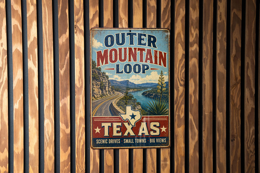 A vintage-style sign for the Outer Mountain Loop in Texas, featuring a scenic road surrounded by mountains and a river.