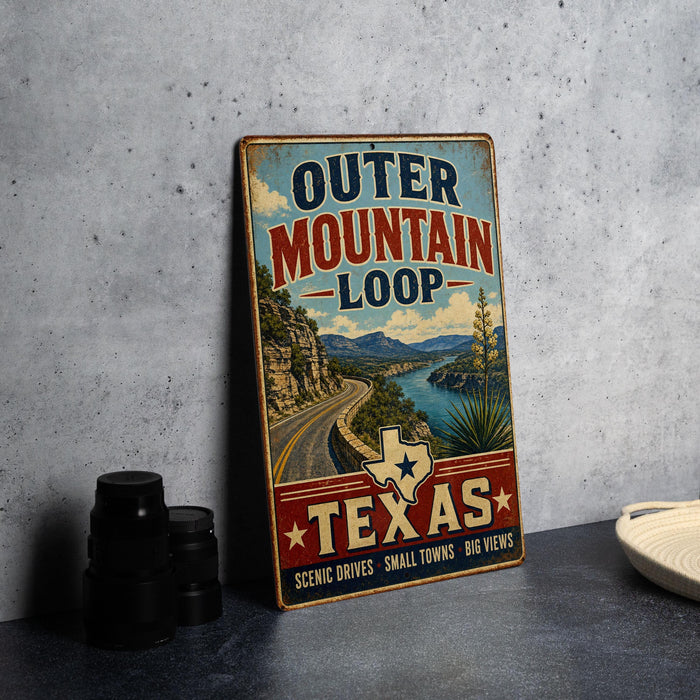 A vintage-style metal sign advertising the Outer Mountain Loop in Texas, featuring a scenic mountain landscape and the state's name.