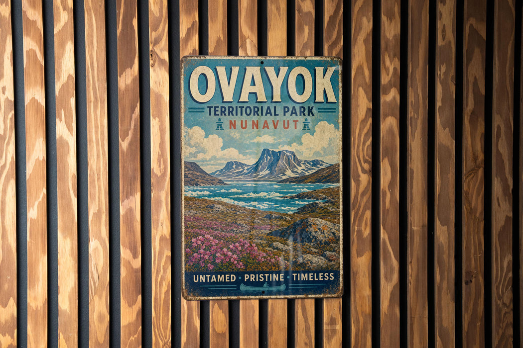 a vintage-style metal sign with a scenic landscape, mounted on a wooden wall.