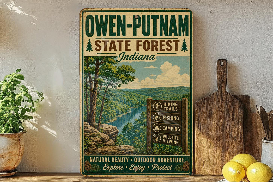A vintage-style sign for Owen-Putnam State Forest, Indiana, featuring a scenic illustration of the forest and a list of outdoor activities.