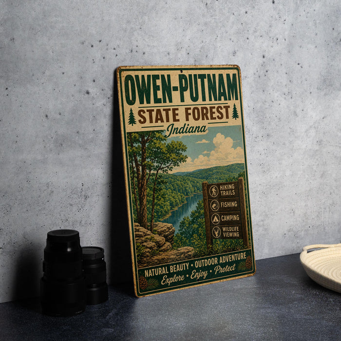 A vintage-style metal sign for Owen-Putnam State Forest, Indiana, featuring a scenic illustration of the forest and a list of outdoor activities.