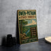 A vintage-style metal sign for Owen-Putnam State Forest, Indiana, featuring a scenic illustration of the forest and a list of outdoor activities.