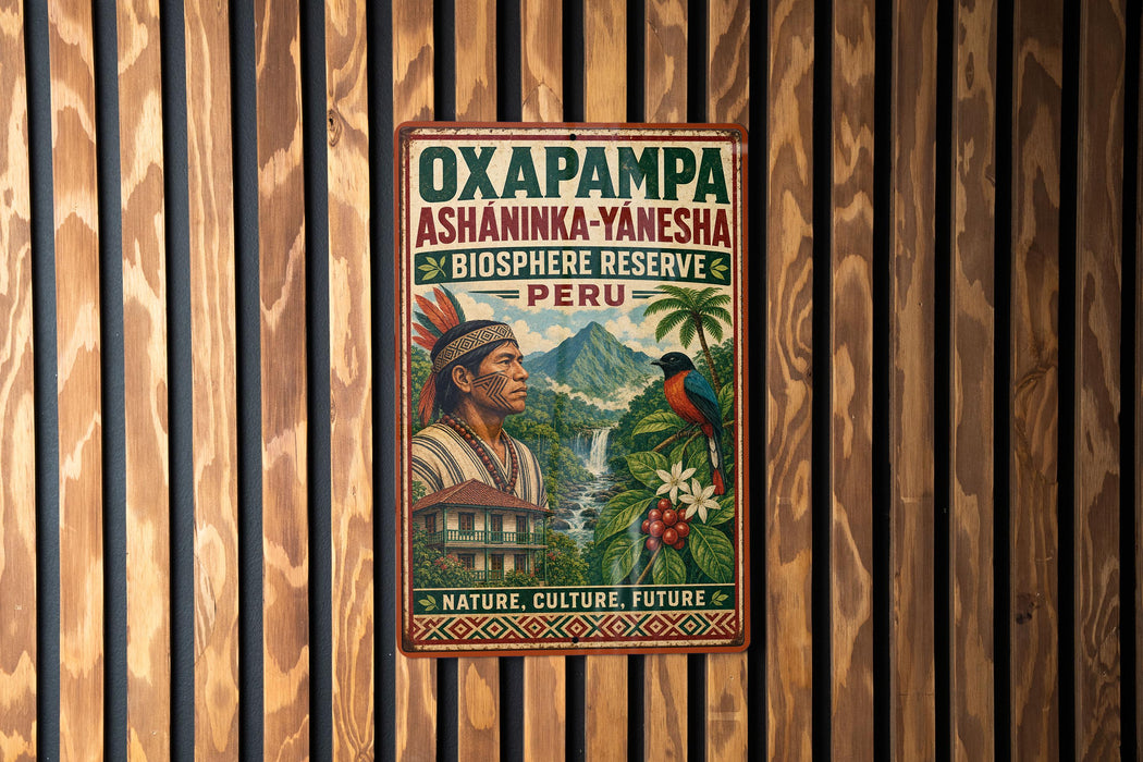 a vintage-style poster advertising the OXAPAMPA Asháninka-Yanesha Biosphere Reserve in Peru.