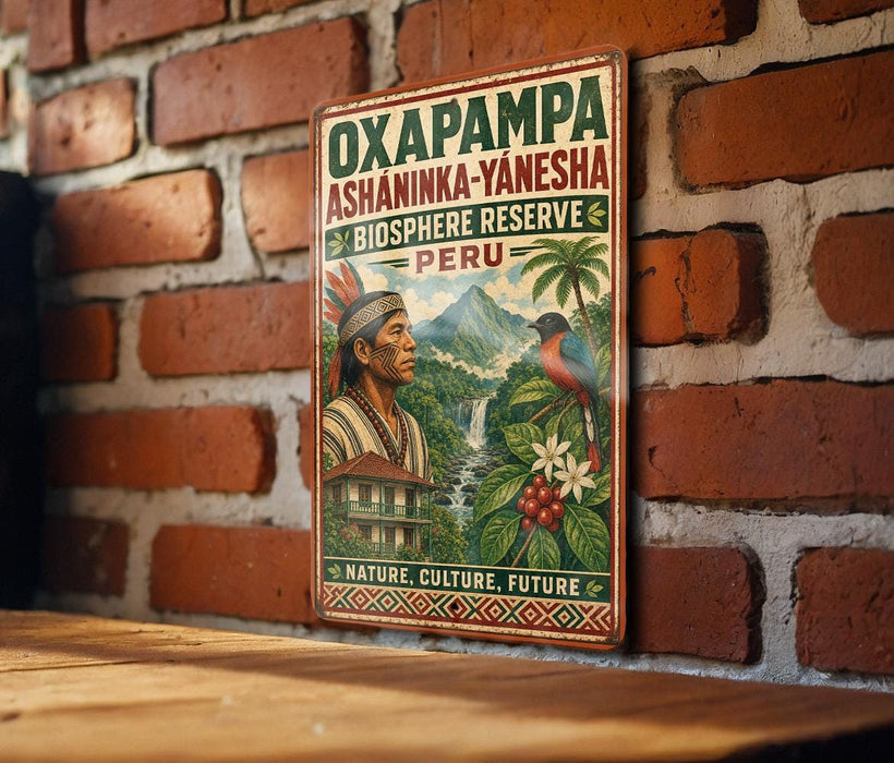 a vintage-style sign with a colorful illustration of a native Peruvian figure, surrounded by lush tropical foliage and a waterfall. The sign is mounted on a brick wall and appears to be a decorative piece.