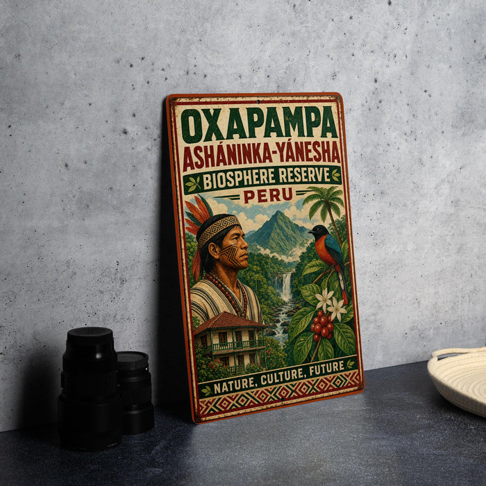 A vintage-style sign for the Oaxaca-Yanesta Biosphere Reserve in Peru, featuring an illustration of a native Peruvian man surrounded by lush tropical foliage and wildlife.