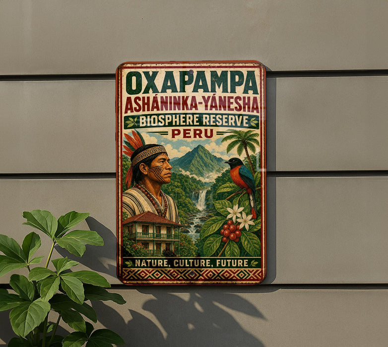 a vintage-style sign with a colorful illustration of a native Peruvian figure, surrounded by lush greenery and a waterfall, promoting the Oxapampa Asháninka-Yanesha Biosphere Reserve in Peru.