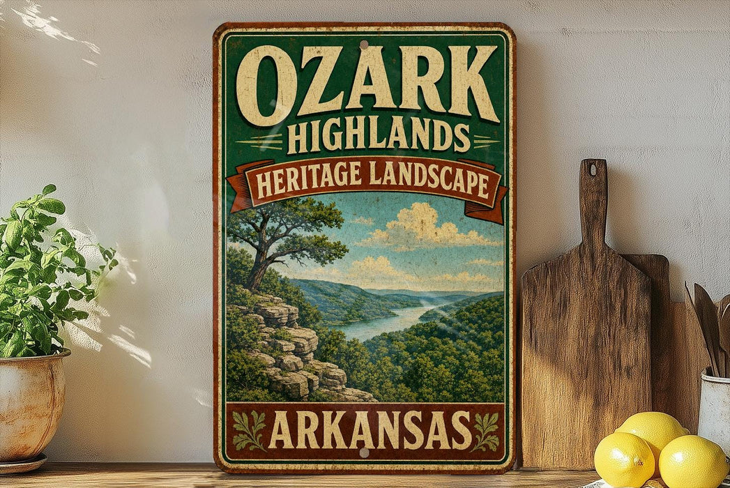 A vintage-style sign for the Ozark Highlands Heritage Landscape in Arkansas, featuring a scenic landscape with a river and mountains.
