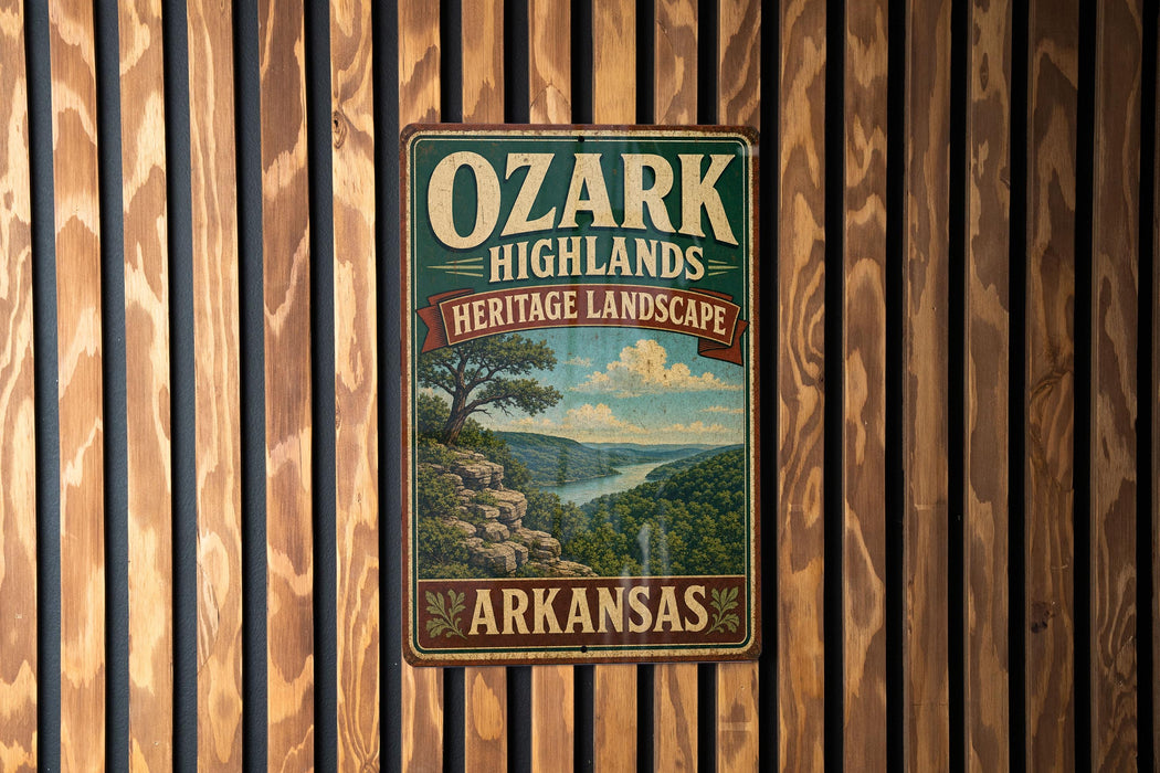 A vintage-style metal sign for Ozark Highlands Heritage Landscape in Arkansas, featuring a scenic landscape with a river and mountains.