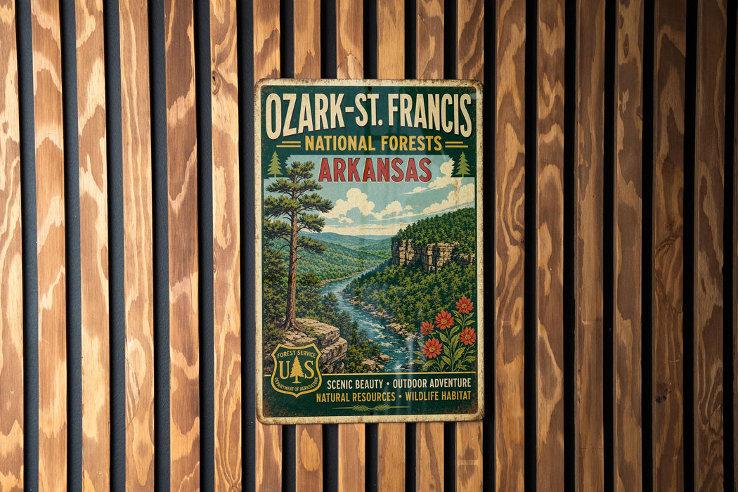 A vintage-style metal sign for Ozark-St. Francis National Forests in Arkansas, featuring a scenic landscape with a river and pine trees.