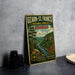 A vintage-style sign for Ozark-St. Francis National Forests in Arkansas, featuring a scenic landscape with a river, pine trees, and mountains.
