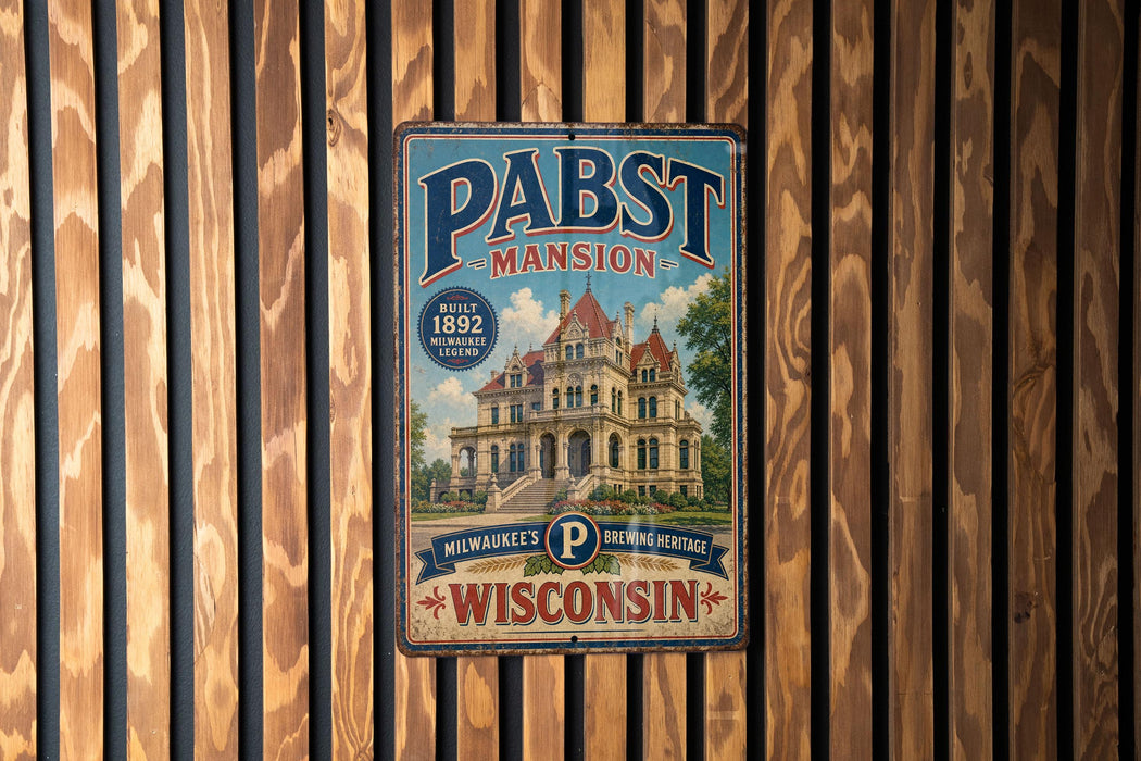 A metal sign for Pabst mansion, a historic brewery in Milwaukee, Wisconsin.