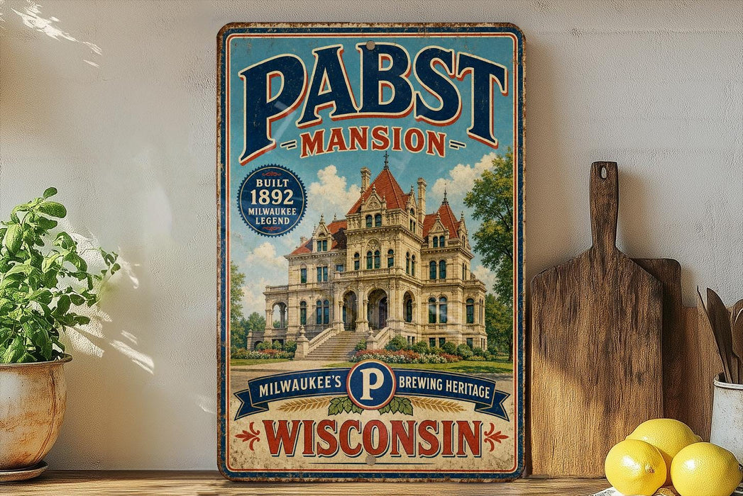 A vintage-style metal sign for Pabst Palace, a historic mansion in Milwaukee, Wisconsin, with a large illustration of the building and the text "Milwaukee's Brewing Heritage Wisconsin".