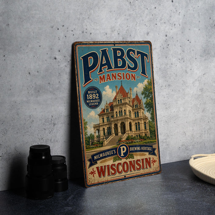 A vintage-style metal sign for Pabst mansion, featuring an illustration of a grand mansion with a tree in the foreground.