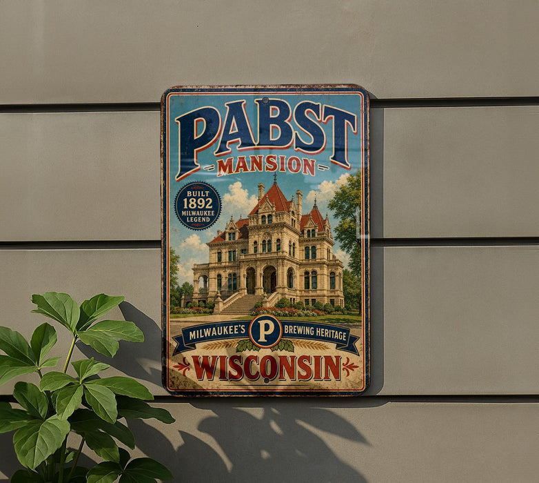 A vintage-style metal sign for Pabst mansion, a Milwaukee-based brewery, is displayed on a wall.