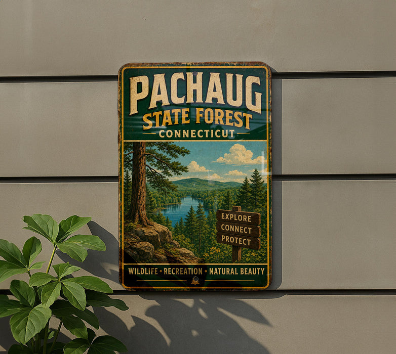 A vintage metal sign for the Pachaug State Forest in Connecticut, featuring a scenic landscape with pine trees, a lake, and mountains.