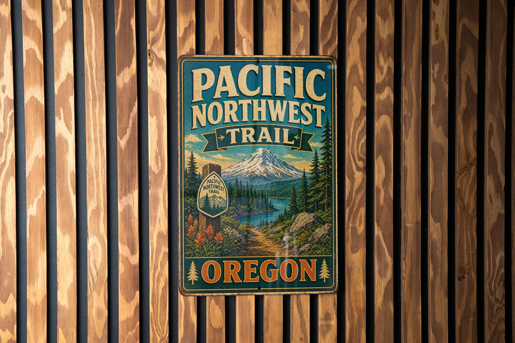 A metal sign with the text "PACIFIC NORTHWEST TRAIL OREGON" is displayed on a wooden wall.