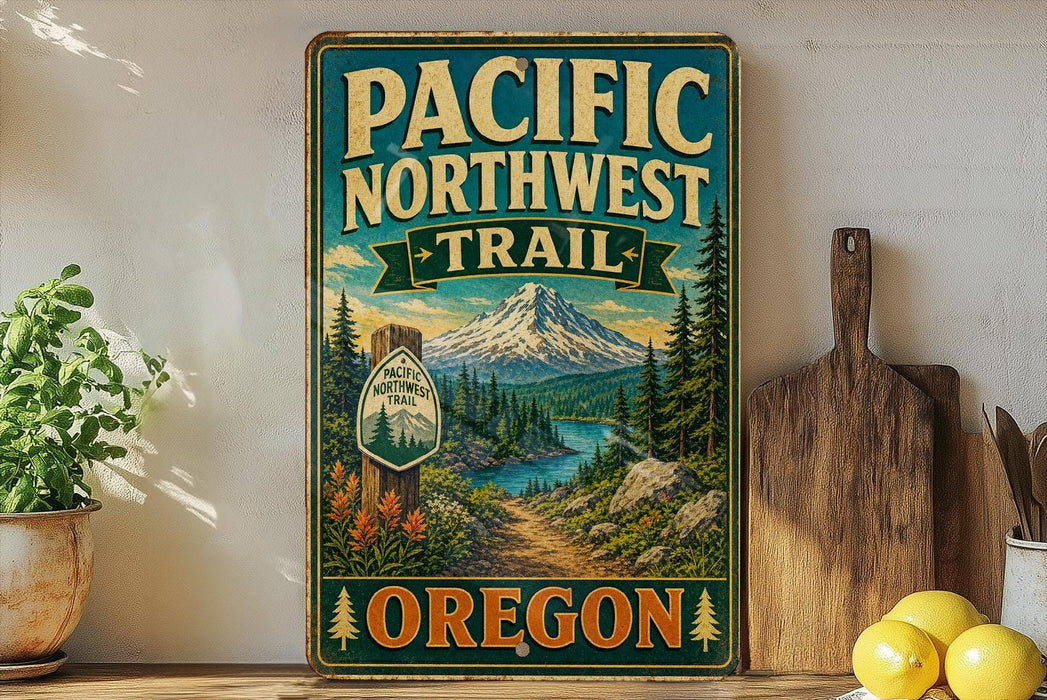 A vintage-style sign for the Pacific Northwest Trail in Oregon, featuring a mountain landscape and a trail sign.