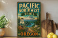 A vintage-style sign for the Pacific Northwest Trail in Oregon, featuring a mountain landscape and a trail sign.