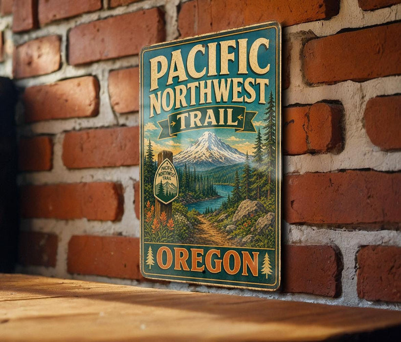 A vintage metal sign for the Pacific Northwest Trail in Oregon, featuring a scenic mountain landscape and a trail marker.