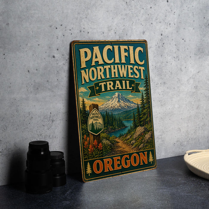 A vintage-style metal sign for the Pacific Northwest Trail in Oregon, featuring a mountain landscape and text.