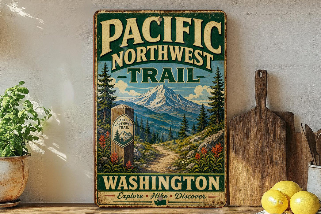 A vintage-style sign for the Pacific Northwest Trail in Washington, featuring a mountain landscape and a trail marker.