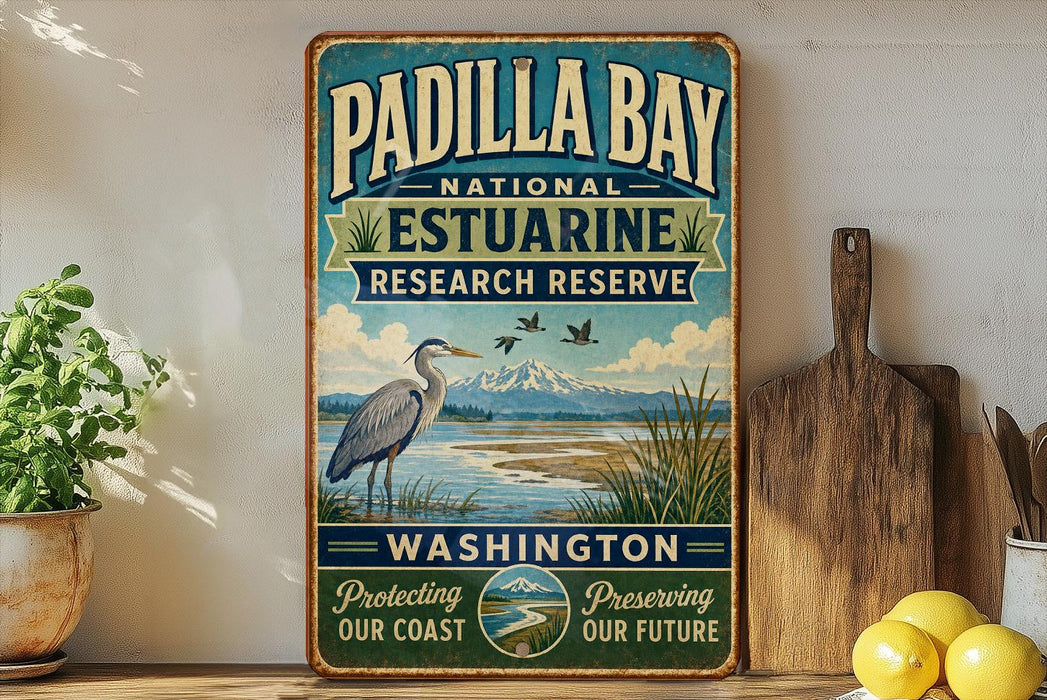 A vintage-style sign for Padilla Bay National Estuarine Research Reserve, featuring a bird, a lake, and mountains in the background.