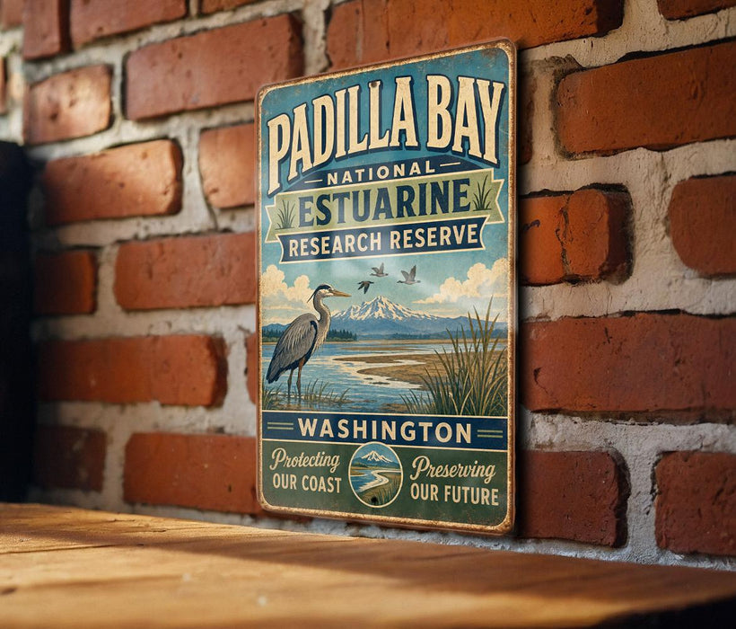 A vintage-style metal sign for Padilla Bay National Estuarine Research Reserve, featuring a bird and a scenic landscape.