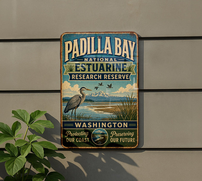 A vintage-style metal sign for Padilla Bay National Estuarine Research Reserve, featuring a bird and a scenic landscape.