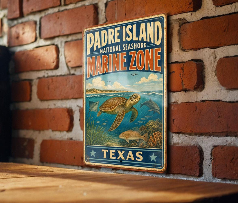 A vintage-style metal sign for Padre Island National Seashore's Marine Zone, featuring an illustration of marine life and the text "Padre Island, Texas, Marine Zone".