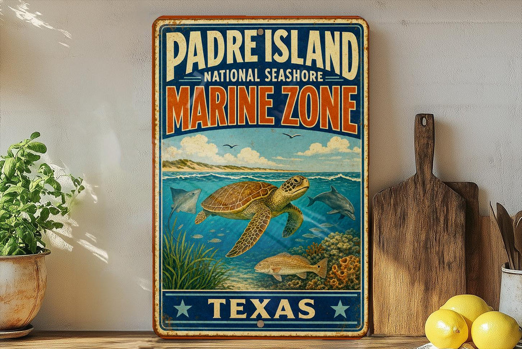 A vintage-style sign for Padre Island National Seashore's Marine Zone, featuring a turtle swimming in the ocean and surrounded by marine life.