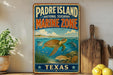 A vintage-style sign for Padre Island National Seashore's Marine Zone, featuring a turtle swimming in the ocean and surrounded by marine life.