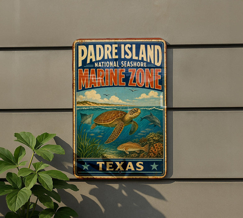 A vintage metal sign for Padre Island National Seashore's Marine Zone, featuring a turtle, fish, and coral in a colorful illustration.