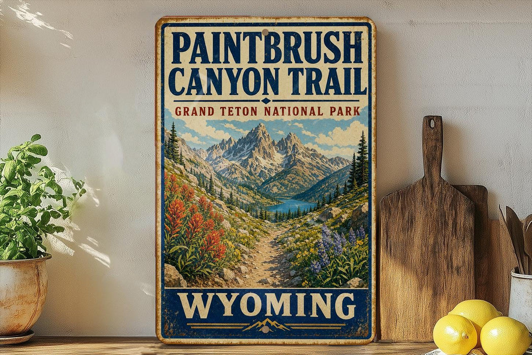A vintage-style sign for the Paintbrush Canyon Trail in Grand Teton National Park, with a scenic mountain landscape and a path leading through the valley.