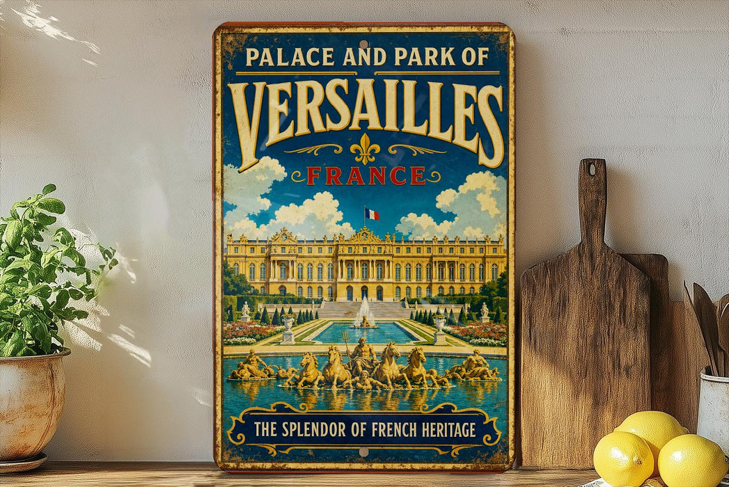 A vintage-style poster advertising the Palace and Park of Versailles in France, featuring an illustration of the palace and its gardens.