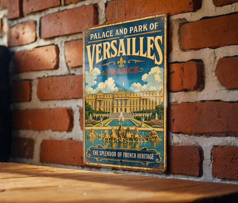 A vintage metal sign with the text "Palace and Park of Versailles" and "France" is displayed on a brick wall.