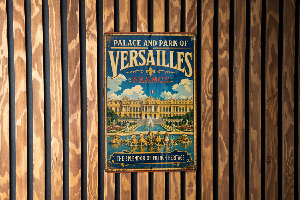 A vintage metal sign for the Palace and Park of Versailles in France, featuring an illustration of the palace and its gardens.