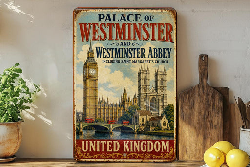 A vintage-style metal sign for the Palace of Westminster and Westminster Abbey in London, England, featuring the iconic Big Ben and Westminster Abbey.