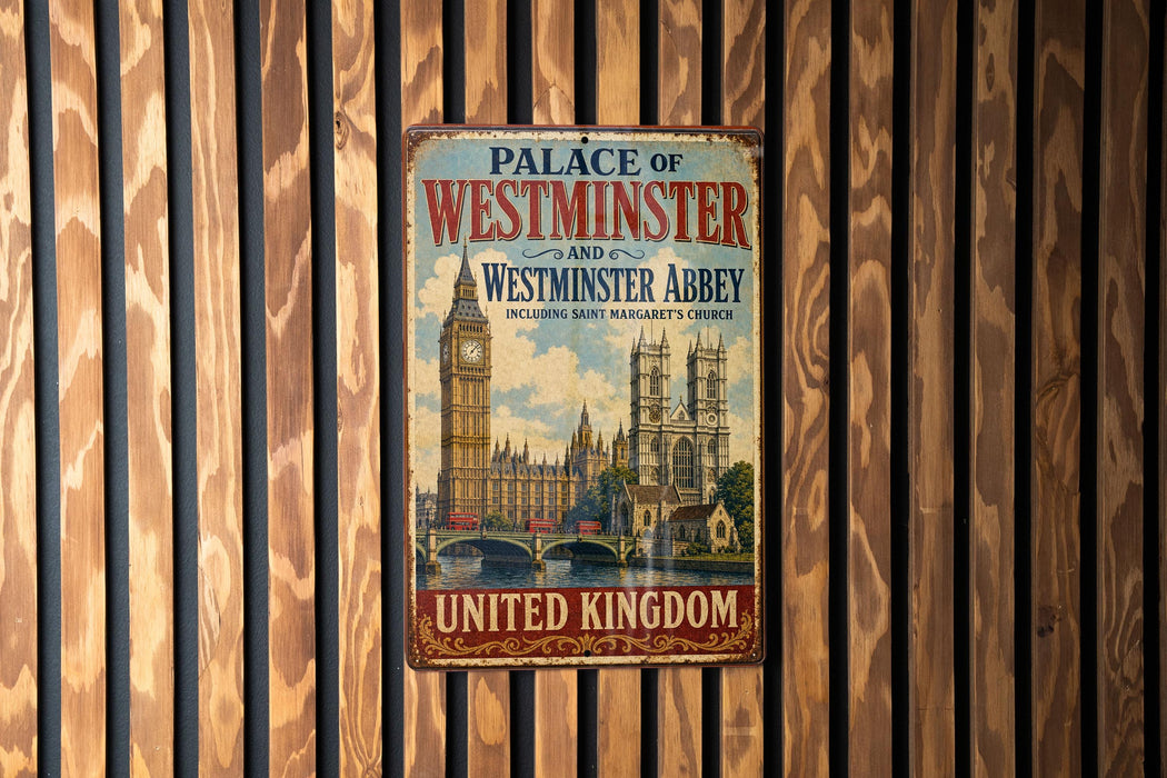 A vintage metal sign advertising the Palace of Westminster and Westminster Abbey in London, United Kingdom.